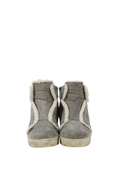Prada Womens Suede Fuzzy Lined Wedge Heels Ankle Boots Shoes Gray Size 8.5