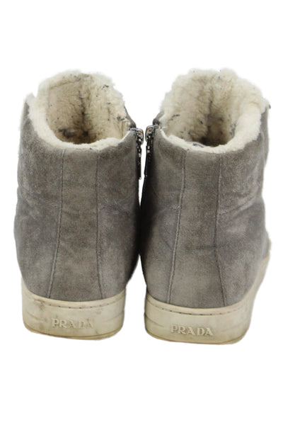 Prada Womens Suede Fuzzy Lined Wedge Heels Ankle Boots Shoes Gray Size 8.5