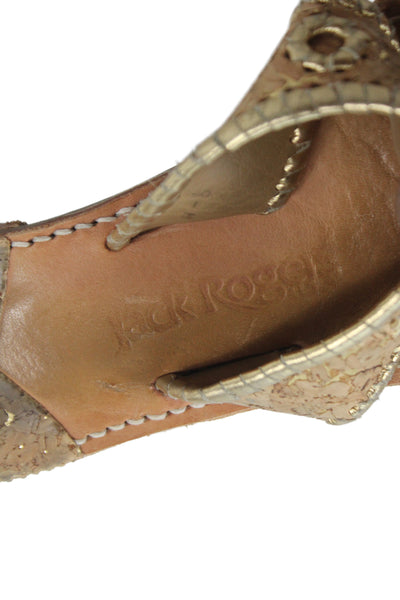 Jack Rogers Womens Metallic Leather Trim Cork T Strap Sandals Gold Brown Size 9