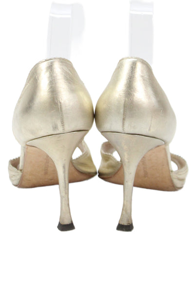 Manolo Blahnik Womens Stiletto Metallic Leather Slip On Sandals Gold Size 40