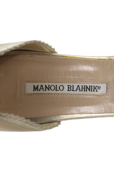 Manolo Blahnik Womens Stiletto Metallic Leather Slip On Sandals Gold Size 40
