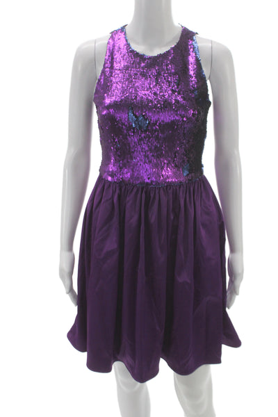 Badgley Mischka Women Fit & Flare Sequin Purple Sleeveless Dress Zip Size S