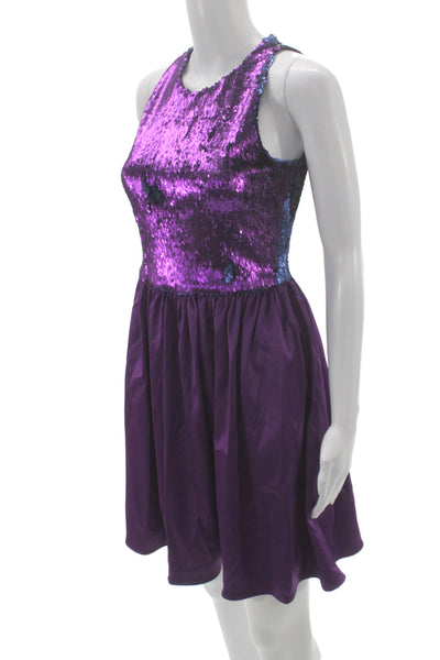 Badgley Mischka Women Fit & Flare Sequin Purple Sleeveless Dress Zip Size S