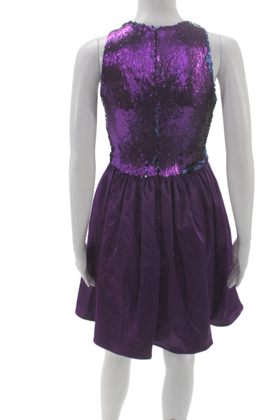 Badgley Mischka Women Fit & Flare Sequin Purple Sleeveless Dress Zip Size S