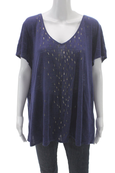 Eileen Fisher Women Linen V-Neck Tunic Short Sleeve Blue Size 1X