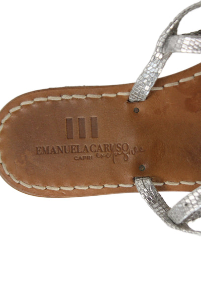 Emanuela Caruso Capri Womens Embossed Thong Sandals Shoes Silver Size 6