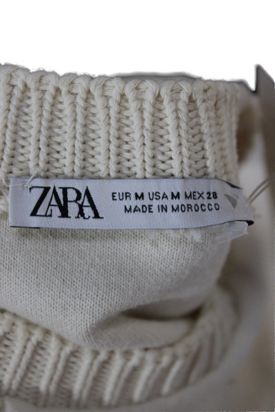 Zara Womens Pullover Sweater Ivory Cotton Crew Neck Long Sleeve Size M