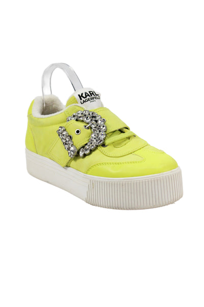 Karl Lagerfeld Womens Leather Diamond Bedazzled Sneakers Neon Green Size 9.5