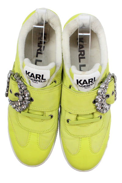 Karl Lagerfeld Womens Leather Diamond Bedazzled Sneakers Neon Green Size 9.5