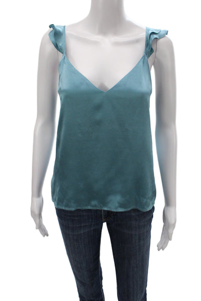 Cami Women Silk V-Neck Camisole Blue Sleeveless Solid Size M
