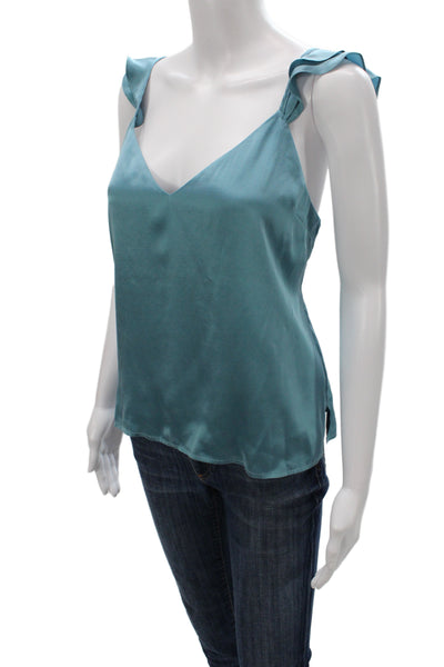 Cami Women Silk V-Neck Camisole Blue Sleeveless Solid Size M