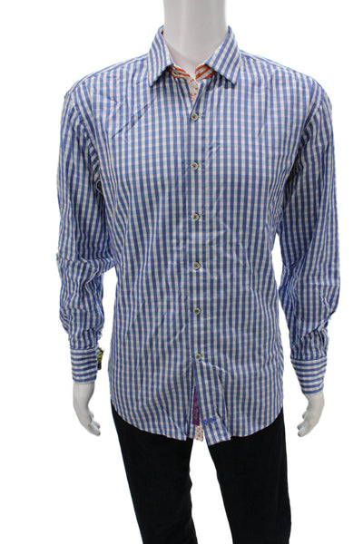 Robert Graham Mens Cotton Check Print Buttoned Long Sleeve Top Blue Size L