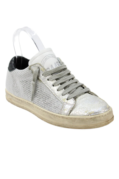 P448 Womens Metallic Animal Print Lace-Up Tied Sneakers Silver Size EUR 37