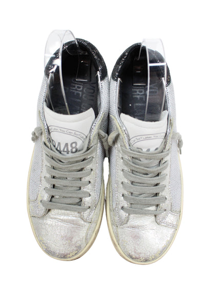 P448 Womens Metallic Animal Print Lace-Up Tied Sneakers Silver Size EUR 37