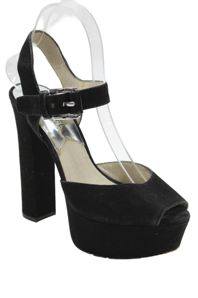 Michael Michael Kors Womens Suede Ankle Buckle Peep Toe Block Heels Black Size 7
