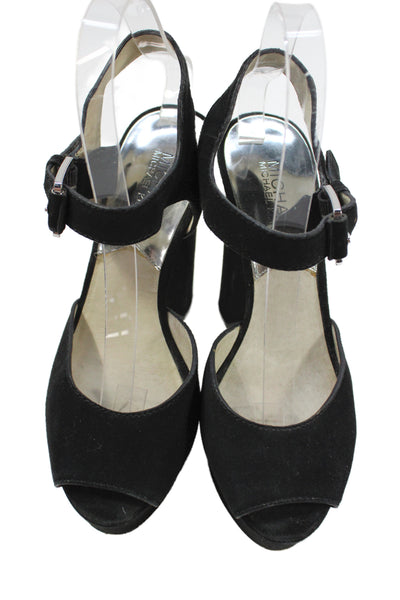 Michael Michael Kors Womens Suede Ankle Buckle Peep Toe Block Heels Black Size 7