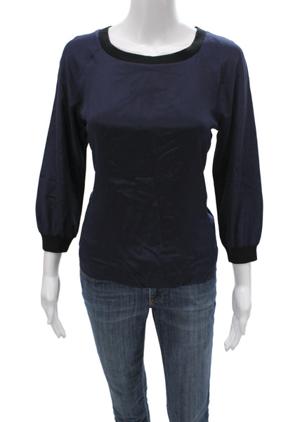J Crew Womens Blue Silk Pullover Sweater 3/4 Sleeve Round Neck Size 00