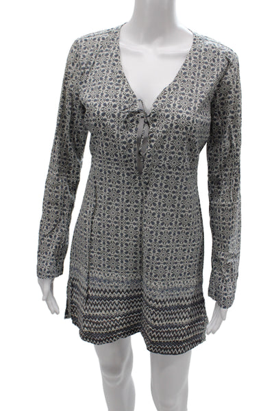 Athleta Womens Tunic Blue Floral V-Neck Long Sleeve Tie Knee Size XS