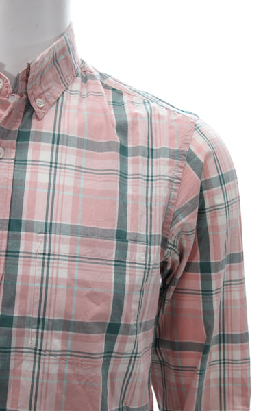 J Crew Mens Plaid Slim Fit Flex Washed Button Down Shirt Pink Green Size Small