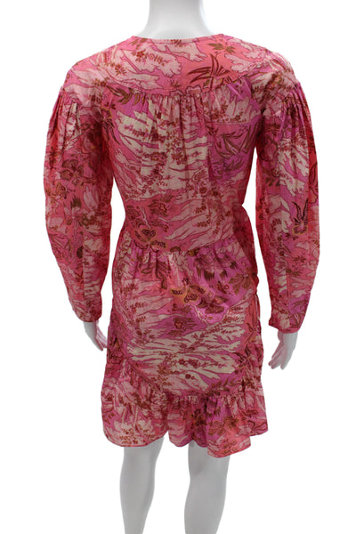 Ulla Johnson Womens Pink Floral Mini Dress Long Sleeve Cotton Size 0
