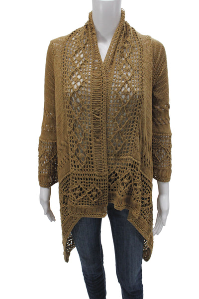 Etcetera Womens Cardigan Brown V Neck Geometric 3/4 Sleeve Bohemian Size S