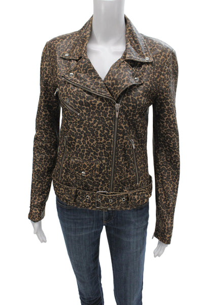 Veda Womens Biker Jacket Brown Leopard Zip Long Sleeve Size S
