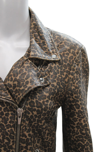 Veda Womens Biker Jacket Brown Leopard Zip Long Sleeve Size S
