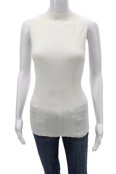 Halston Womens Ivory Ribbed Knit Mock Neck Basic Tank Size M