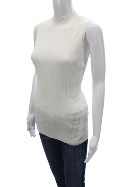 Halston Womens Ivory Ribbed Knit Mock Neck Basic Tank Size M