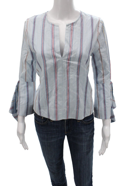 BCBG Max Azria Womens Tunic Blue Striped V-Neck 3/4 Sleeve Boho Size XS