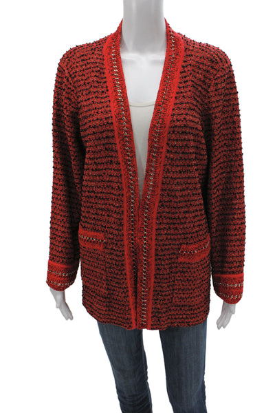 Misook Women Red Basic Jacket V-Neck Striped Long Sleeve Acrylic Size PXL