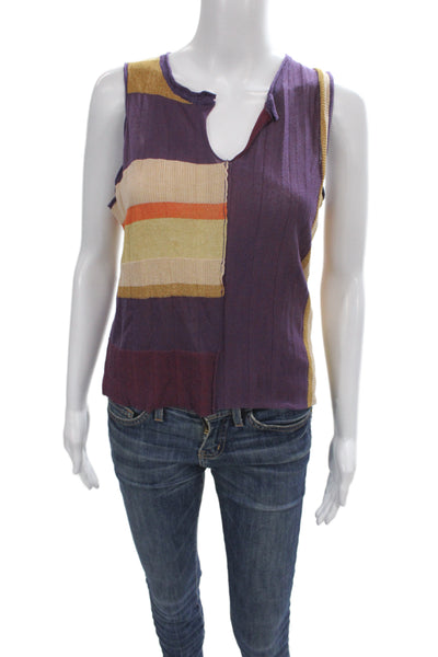 Cotelac Women Purple Striped V-Neck Basic Tank Sleeveless Size S
