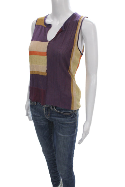 Cotelac Women Purple Striped V-Neck Basic Tank Sleeveless Size S