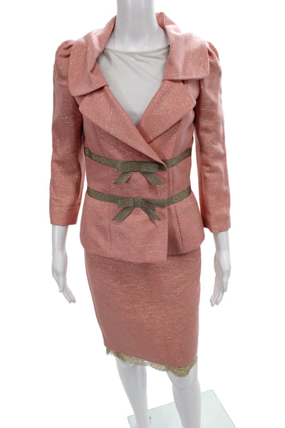 Tracy Reese Womens Lace Trim Long Sleeve Blazer Skirt Set Suit Pink Size 4 8
