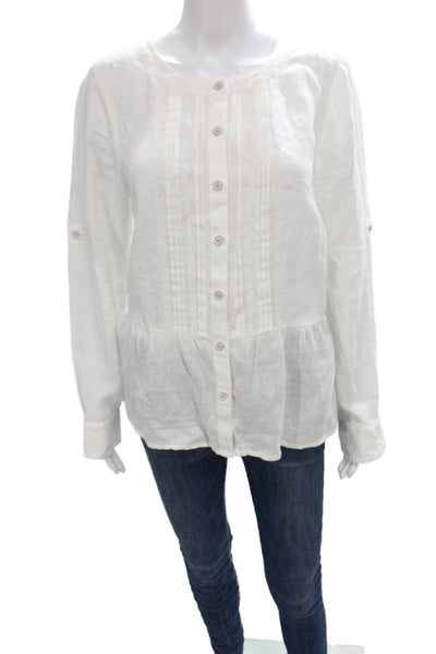 Vineyard Vines Women White Linen Long Sleeve Button Blouse Round Neck Size 8