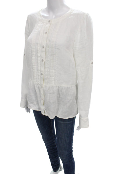 Vineyard Vines Women White Linen Long Sleeve Button Blouse Round Neck Size 8