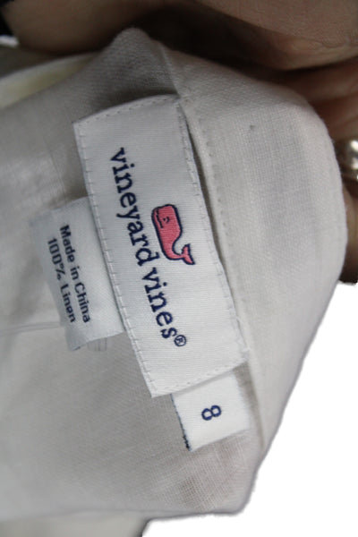 Vineyard Vines Women White Linen Long Sleeve Button Blouse Round Neck Size 8