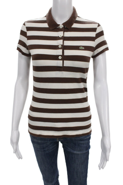 Lacoste Women Brown Striped Jersey Polo Collared Short Sleeve Size 36