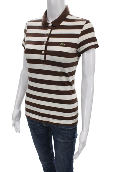 Lacoste Women Brown Striped Jersey Polo Collared Short Sleeve Size 36