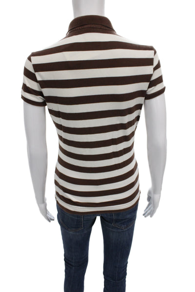 Lacoste Women Brown Striped Jersey Polo Collared Short Sleeve Size 36