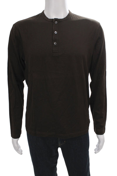 Michael Kors Mens Basic Henley T-Shirt Brown Cotton Long Sleeve Casual Size M
