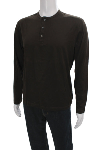 Michael Kors Mens Basic Henley T-Shirt Brown Cotton Long Sleeve Casual Size M