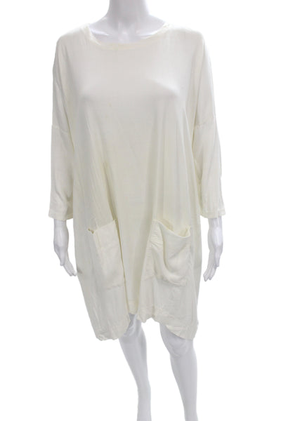 Raquel Allegra Women Shift Dress Ivory 3/4 Sleeve Round Neck Rayon Size M