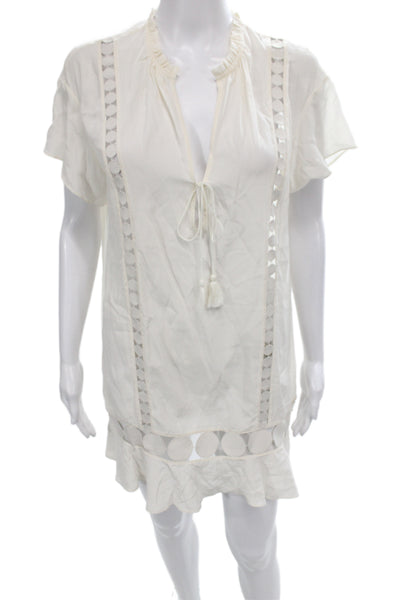 Kisuii Women Shift Dress Ivory Silk V-Neck Short Sleeve Bohemian Size S