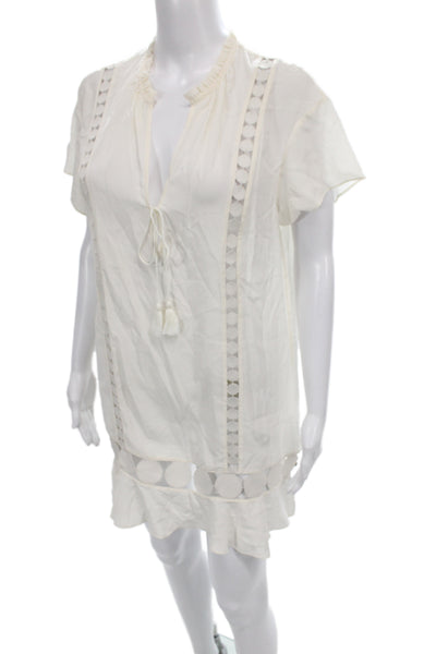 Kisuii Women Shift Dress Ivory Silk V-Neck Short Sleeve Bohemian Size S