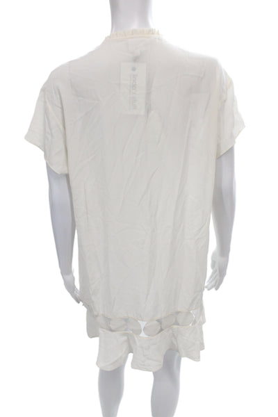 Kisuii Women Shift Dress Ivory Silk V-Neck Short Sleeve Bohemian Size S