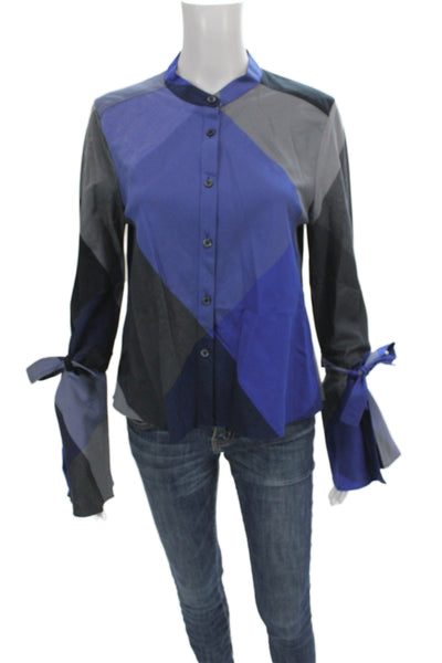 BCBGMAXAZRIA Womens Blue Collared Long Sleeve Basic Blouse 100% Cotton Size S