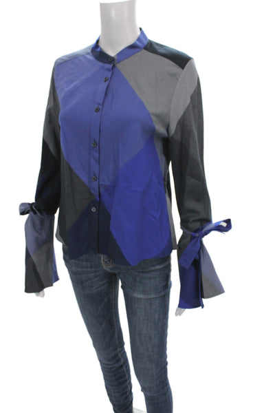 BCBGMAXAZRIA Womens Blue Collared Long Sleeve Basic Blouse 100% Cotton Size S