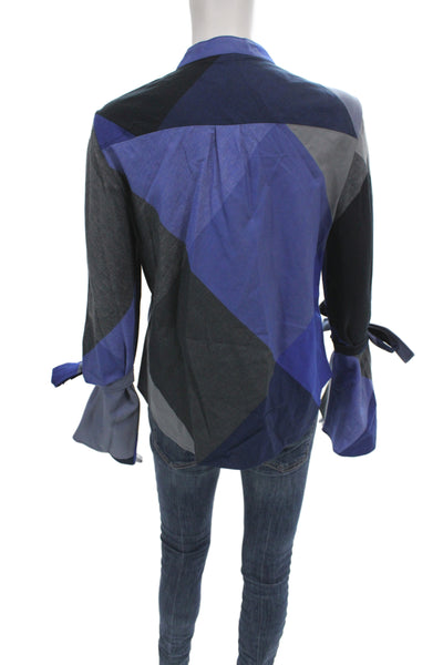BCBGMAXAZRIA Womens Blue Collared Long Sleeve Basic Blouse 100% Cotton Size S