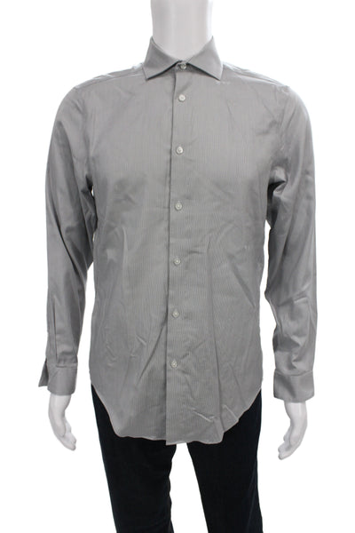 Calvin Klein Mens Gray Striped Cotton Blend Collared Dress Shirt Size 15